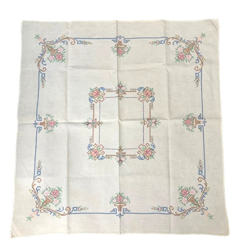 Vintage White Linen Tablecloth Embroidered Cross Stitched Floral Baskets